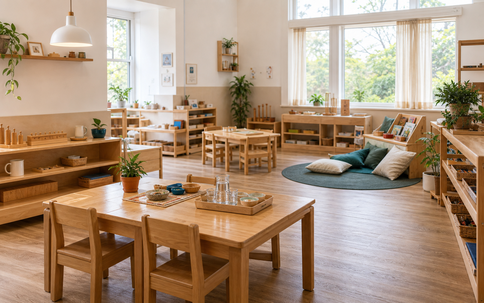 Ambiente Montessori luminoso con arredi e materiali a misura di bambino