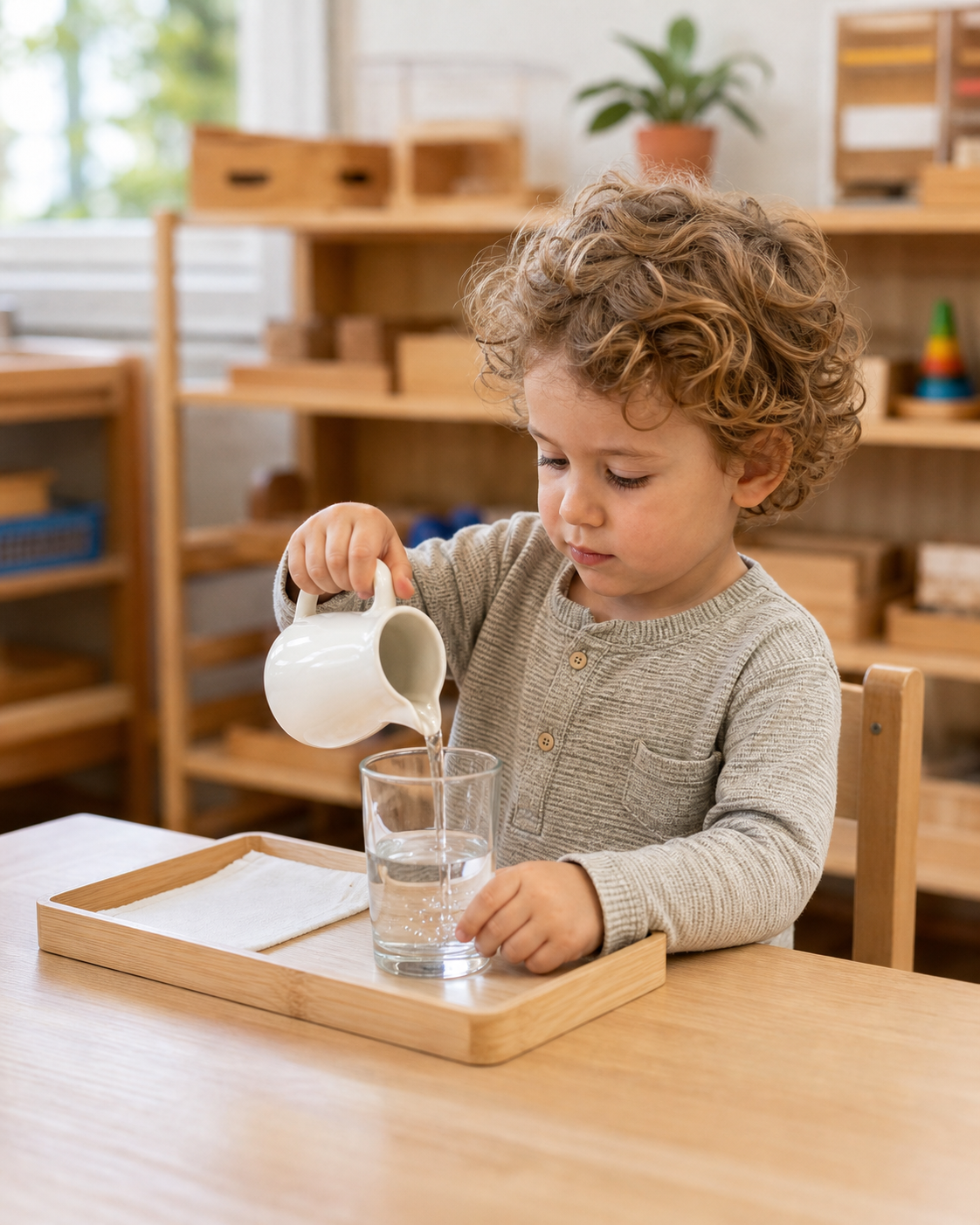 Bambino che versa l’acqua durante un’attività di vita pratica