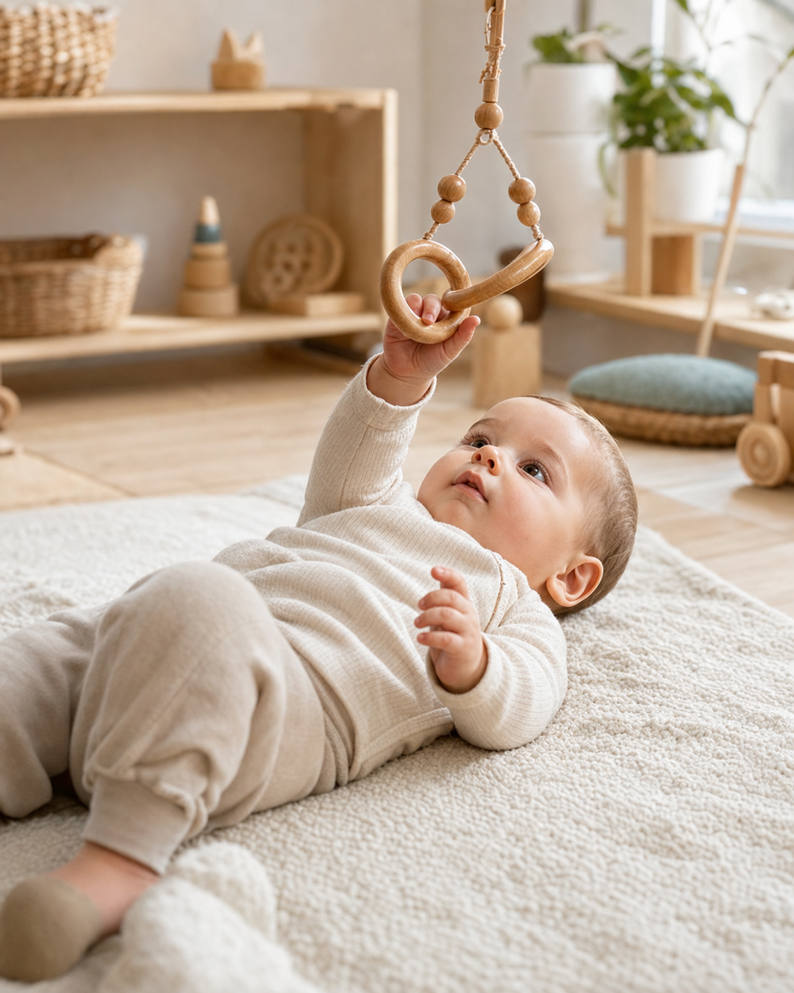 Lattante che esplora un mobile Montessori in legno