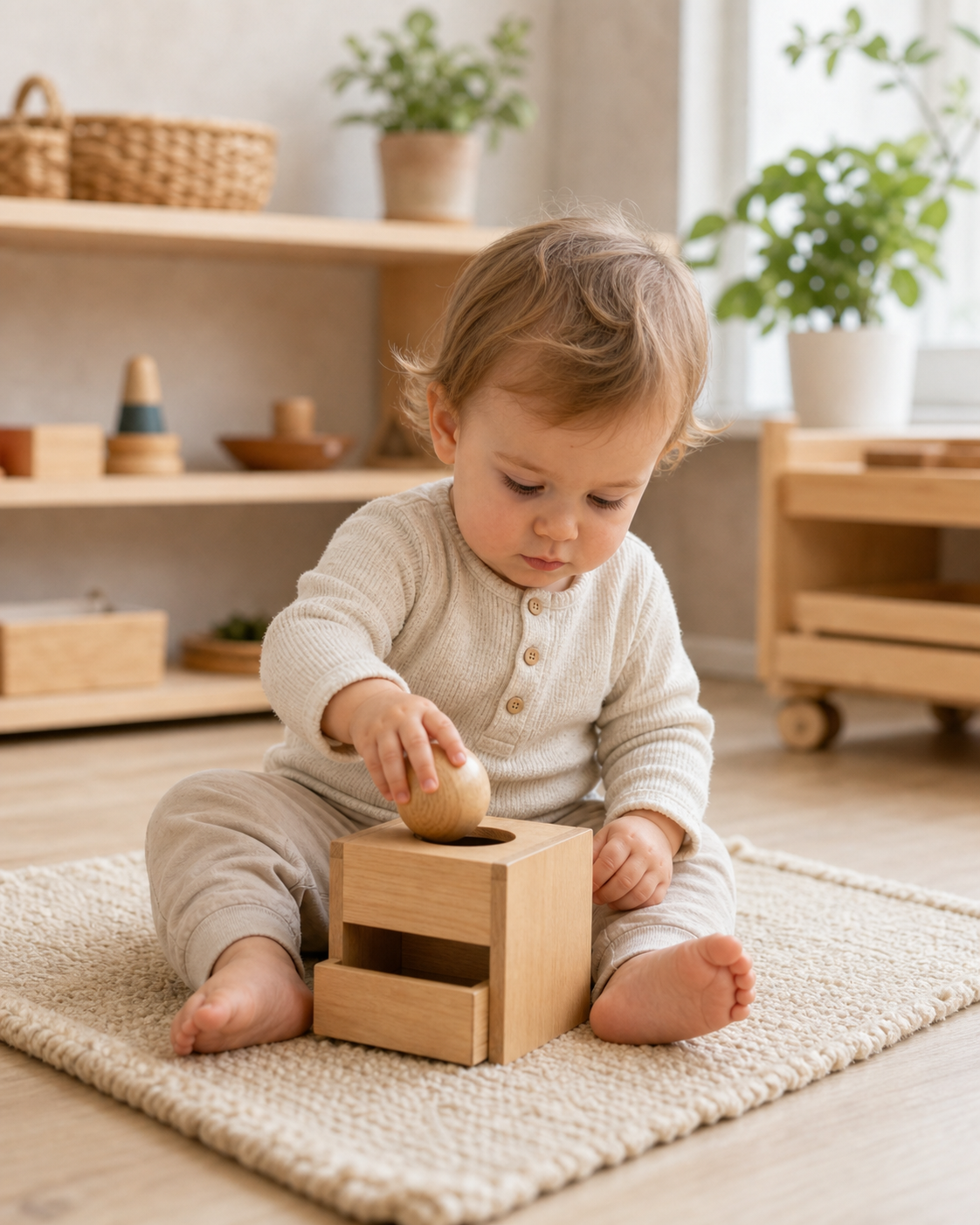 Bambino semidivezzo al lavoro con una scatola di permanenza Montessori