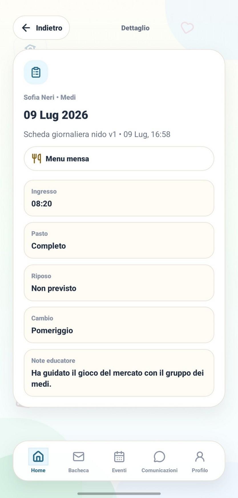 Dettaglio di una scheda giornaliera nell’app per genitori