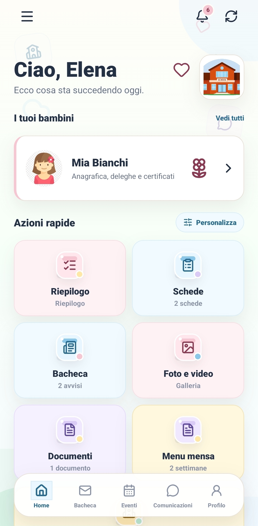 Anteprima della home dell'app scuola-famiglia