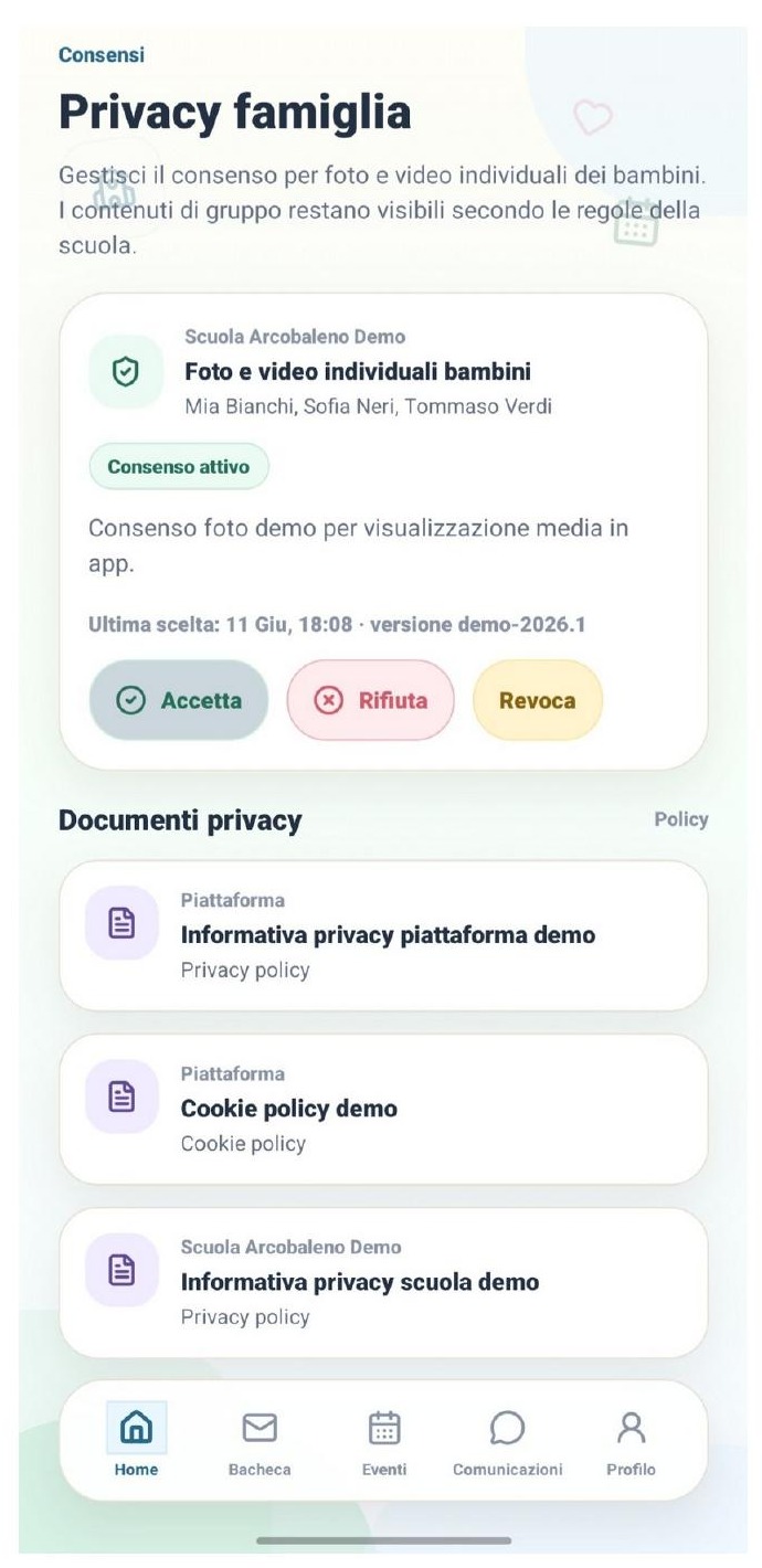 Area privacy famiglia e gestione dei consensi nell’app